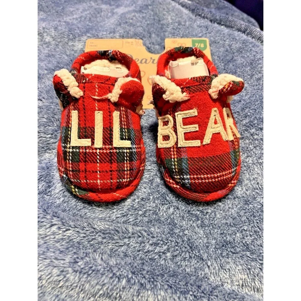 NWT DEARFOAMS Toddler Tartan Red Plaid Lil Bear Slip On Slippers Sz 7/8